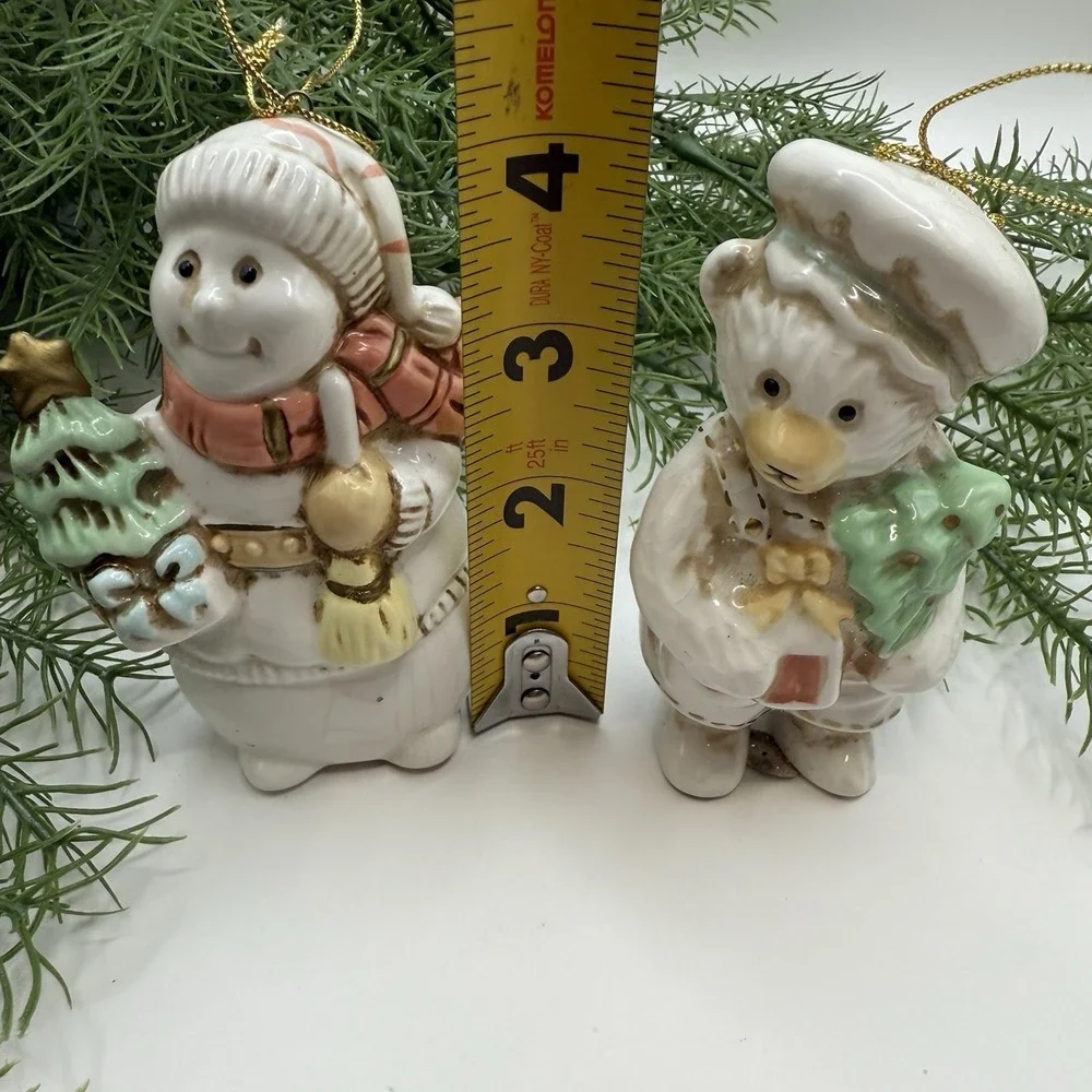 Vintage 1980s Hand Painted Ceramic‎ Ornaments Snowman & Bear w/ Trees